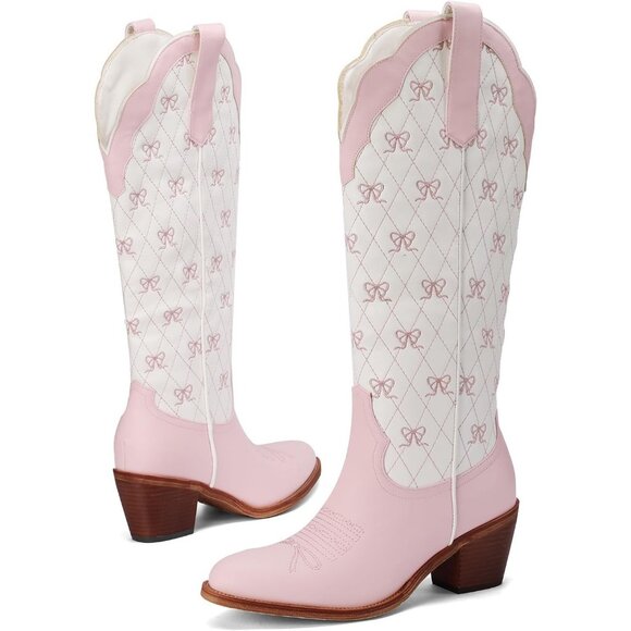 Women's Light Pink Knee High Embroidered Cowgirl Boots with Bow Chunky Heel Boot - Picture 5 of 6